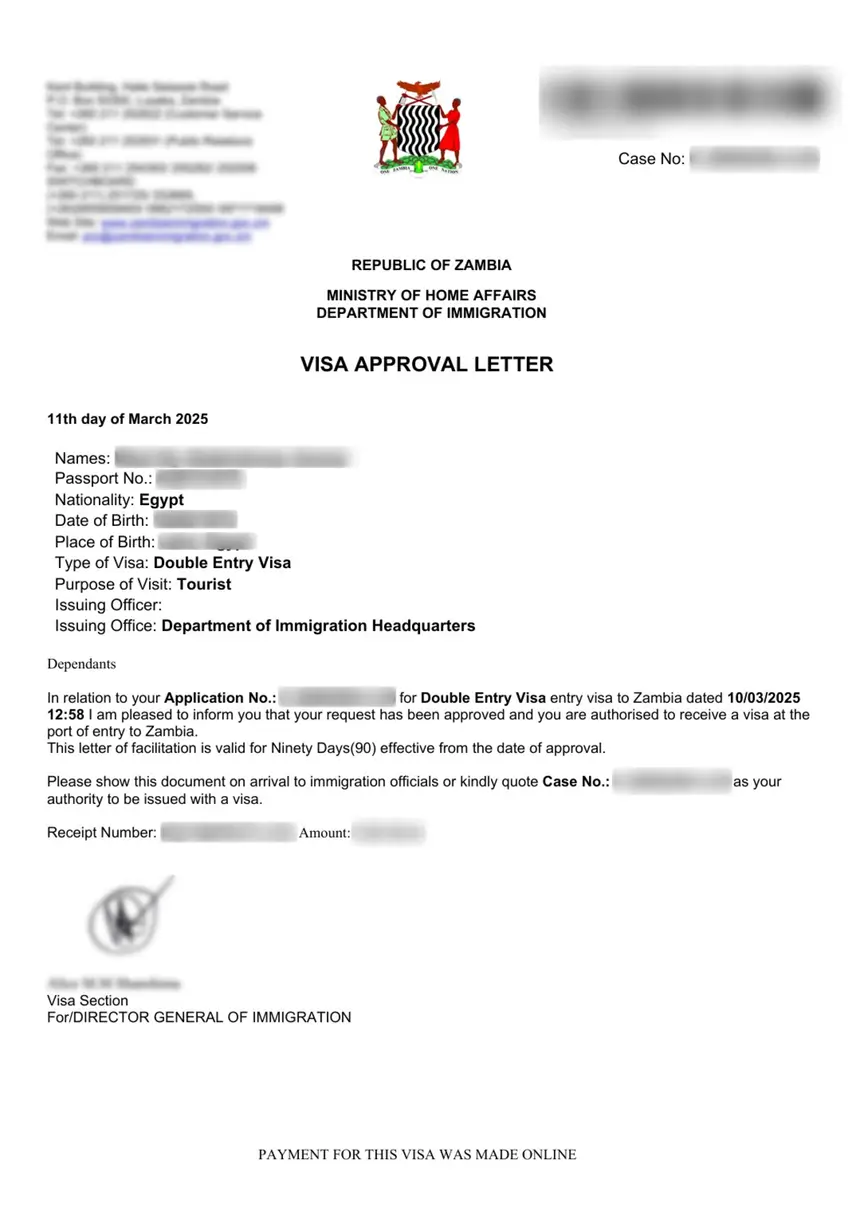 Zambia eVisa sample